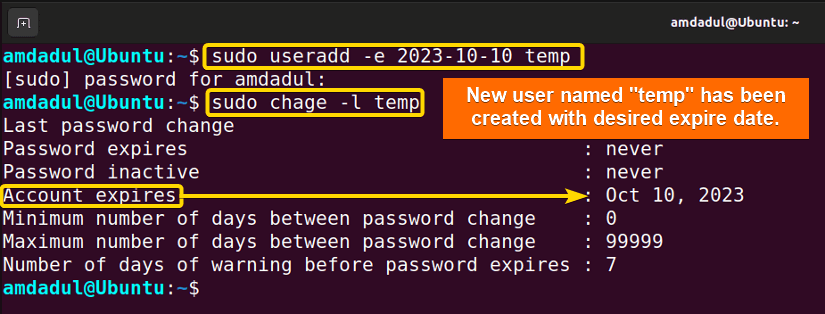 A new user named "temp" is created with a expire date.