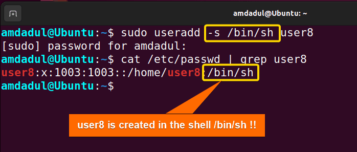 A new user named "user8" is created in the shell/bin/sh.