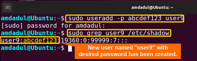 A new user named "user9" is created with desire password