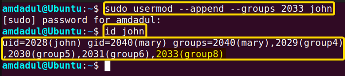 Showing that the user john is append to a new group without loosing the membership of previous groups using usermod command in linux.