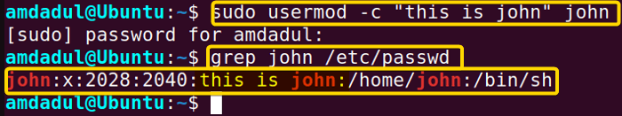 Showing that a information is added to user john as a comment.