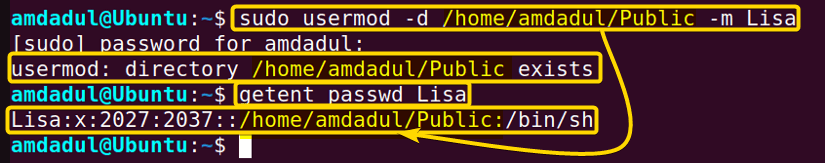 Showing that the home directory of user Lisa has been moved using usermod command in linux.