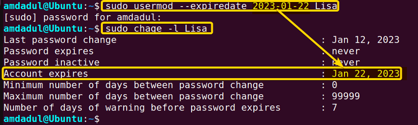 Showing that the expire date is modified with usermod command in linux. 