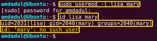 Showing that the user mary is renamed to lisa.