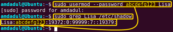 Showing that a password has been set for User Lisa using usermod command in linux.