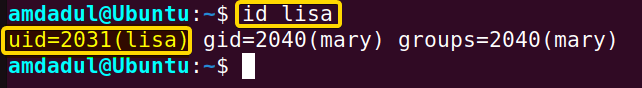 Showing the IDs of the user “lisa” including UID which is 2031.