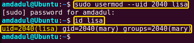 Showing that the UID of lisa is replaced with the UID "2040".