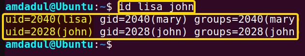 Showing the IDs of users named lisa and john.