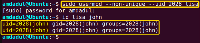 Showing that the UID of user Lisa has been changed with the same UID as john using usermod command in linux.