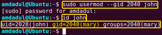 Showing that the GID of john has been changed using usermod command in linux.