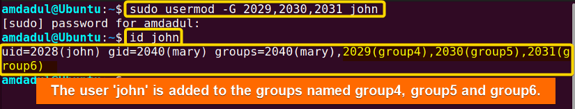 Showing that the user jhon is added to some secondary group using usermod command in linux.