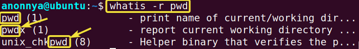 Short description of all commands containing "pwd".