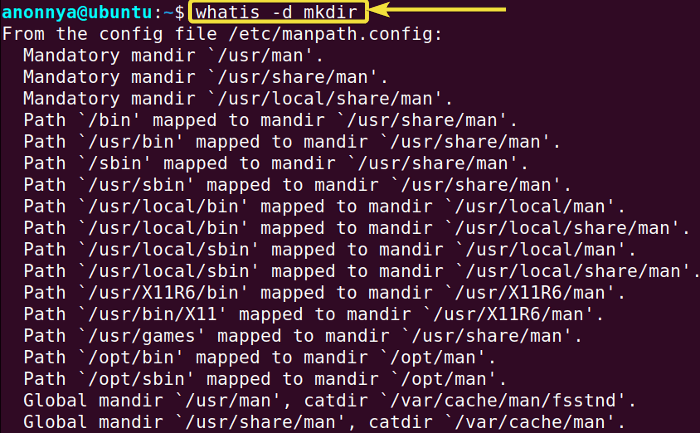 Displaying debugging information of a command using whatis command in linux.
