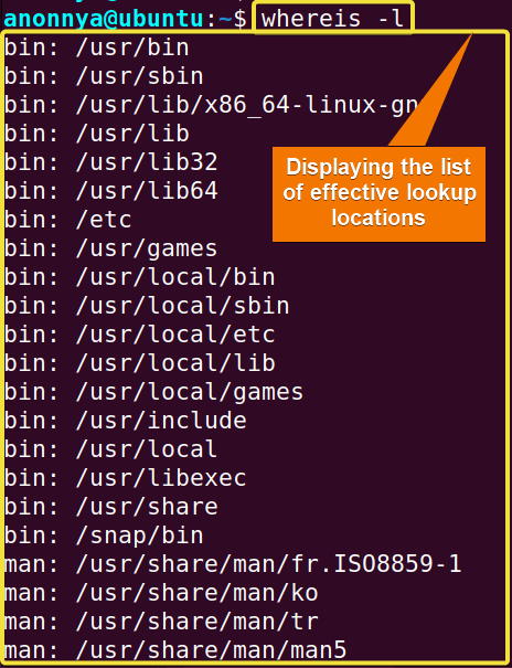 Listing all the search locations using the whereis command in linux.
