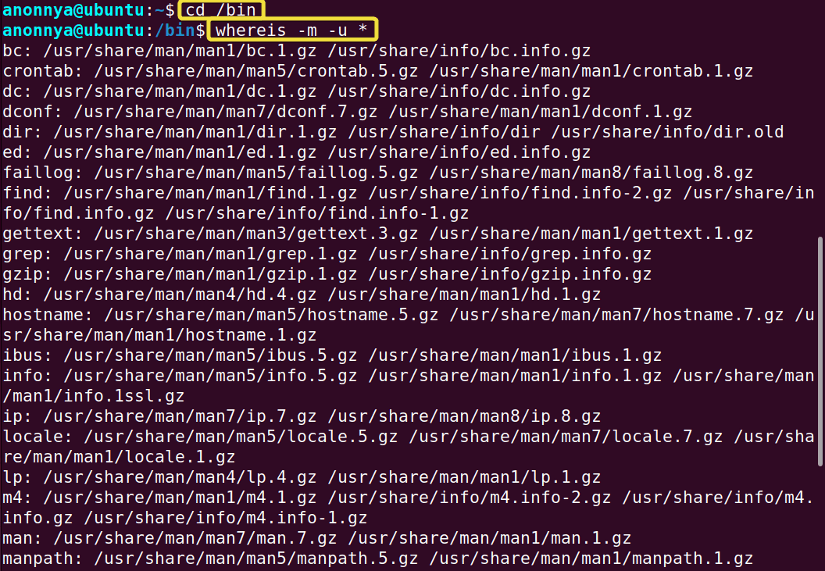 Listing all the unusual entries using the whereis command in linux.