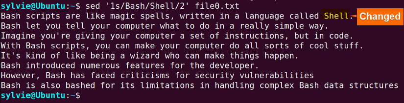 Change the second occurrence of Bash with Shell in first line using sed command