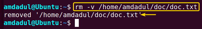 Showing that I have removed the doc.txt file from the directory named “doc” 