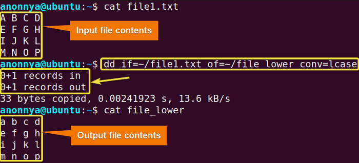 Converting File Data to Lowercase Using the dd Command in Linux.