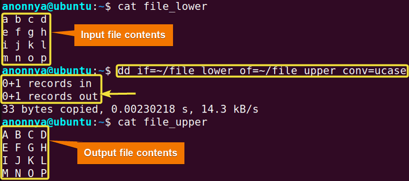 Converting File Data to Uppercase Using the dd Command in Linux.