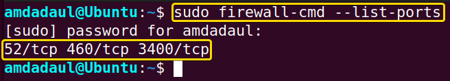 The lists of ports in my system has been displayed using firewall-cmd command in linux.