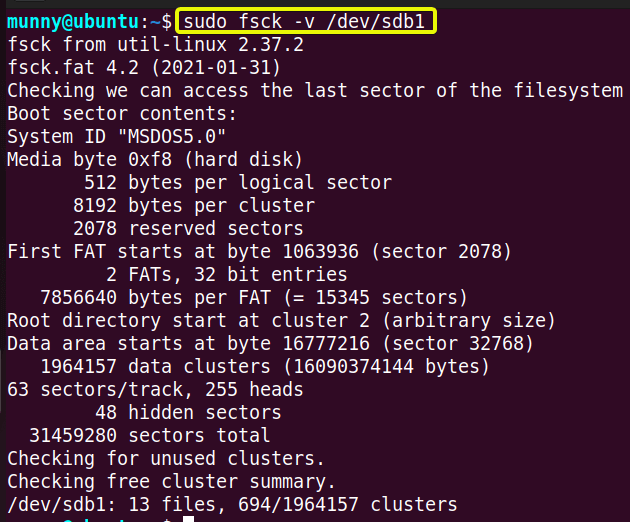 Verbose output of fsck command in linux.