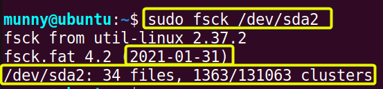 Check filesystem using the fsck command in linux.