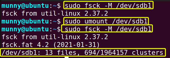 Run the fsck command in linux excluding the mounted files.
