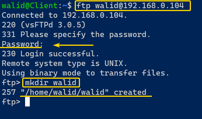 Making new directory using the ftp command in Linux