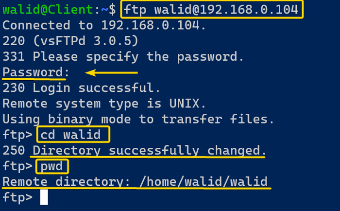 Changing directory using the ftp command in Linux