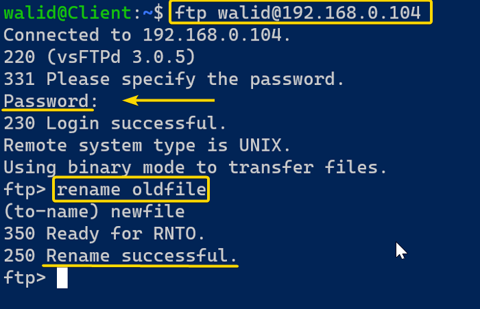 Changing name using the ftp command in Linux 