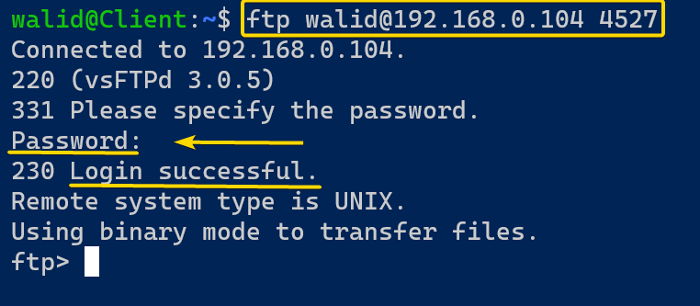 Connecting to a server with a specific port using the ftp command in Linux 