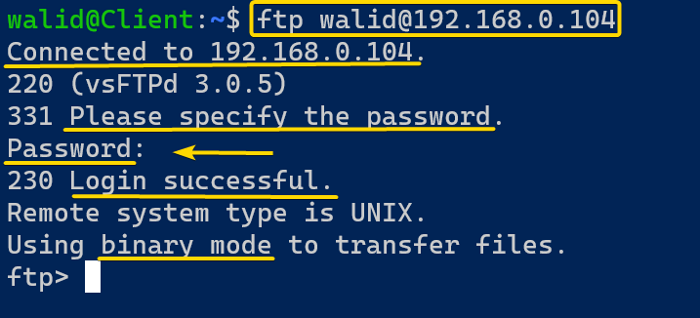 Connecting to the FTP server using the ftp command in Linux