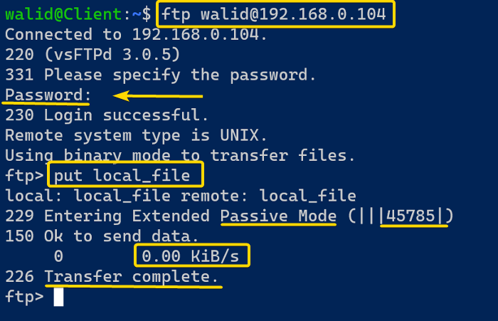 Uploading a single file using the ftp command in Linux