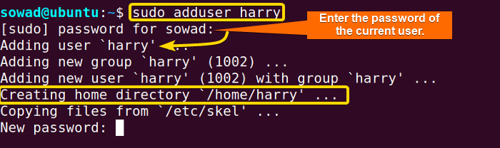 Adding a new user to the system with the adduser command in Ubuntu.