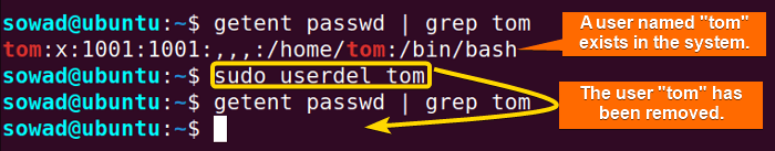 Removing the user named "tom" by using the userdel command in Ubuntu using terminal.