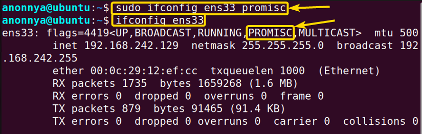 Enabling Promiscuous Mode Using the ifconfig Command in Linux.