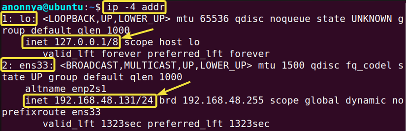 Displaying Only IPv4 Addresses Using the ip Command in Linux.