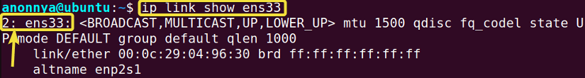 Displaying Information of a Specified Interface Using the ip Command in Linux.