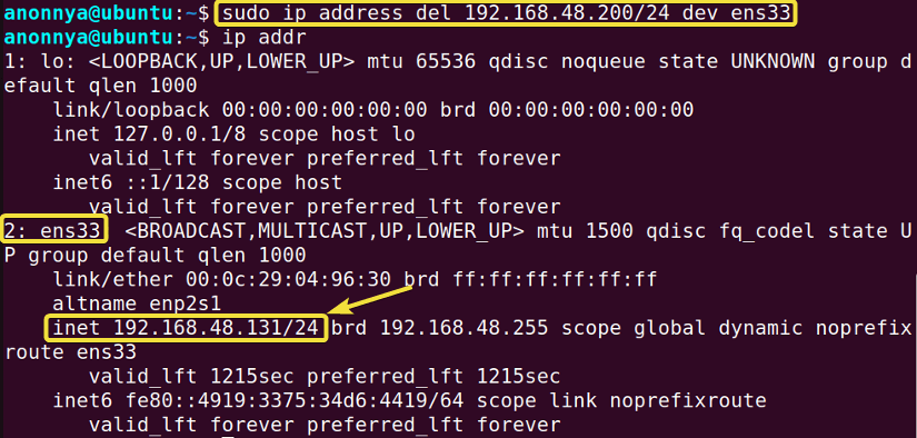Removing IP Address from an Interface Using the ip Command in Linux.