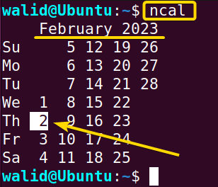 Calendar of current month using the ncal command in Linux