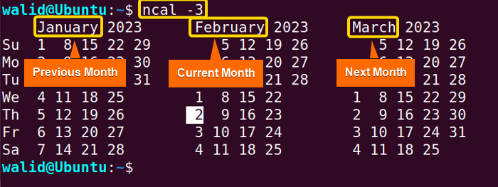 Calendar of past , present, future months using the ncal command in Linux