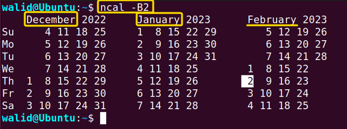 Calendar of two months before current month using the ncal command in Linux