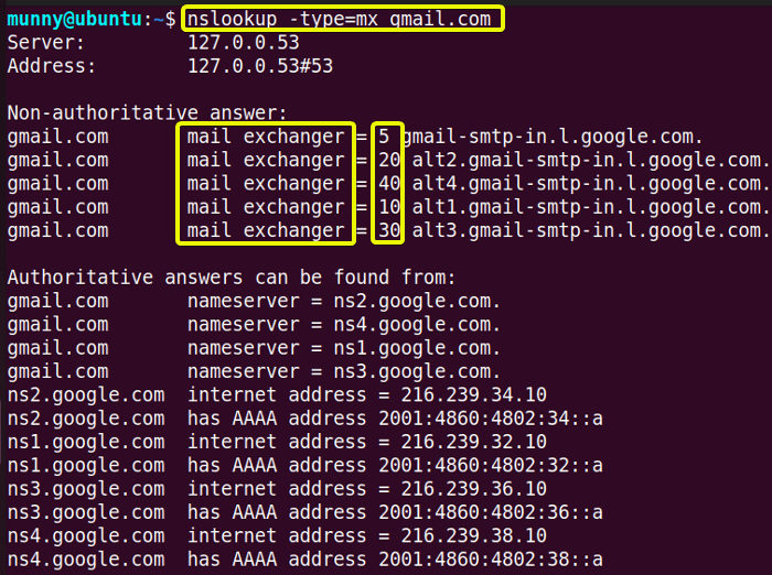 View mx type DNS record using the nslookup command in linux.