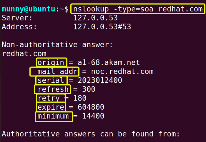 View soa type DNS record using the nslookup command in linux.