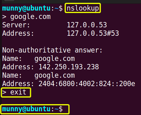 Exit the interactive mode of nslookup command in linux.
