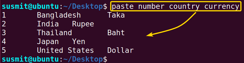 The paste command has merged the number, country, and currency files parallelly.