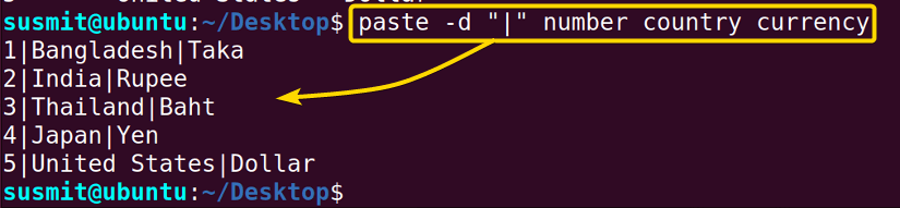 The paste command has merged the number, country, and currency files, parallelly setting the “|” (pipe) sign as a delimiter.