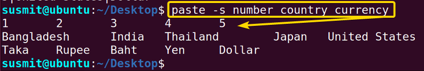 The number, country, and currency files are merged sequentially using the -s option with the paste command.