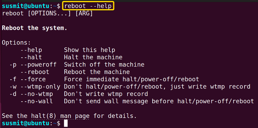 The help section of the reboot command is displayed in the terminal.