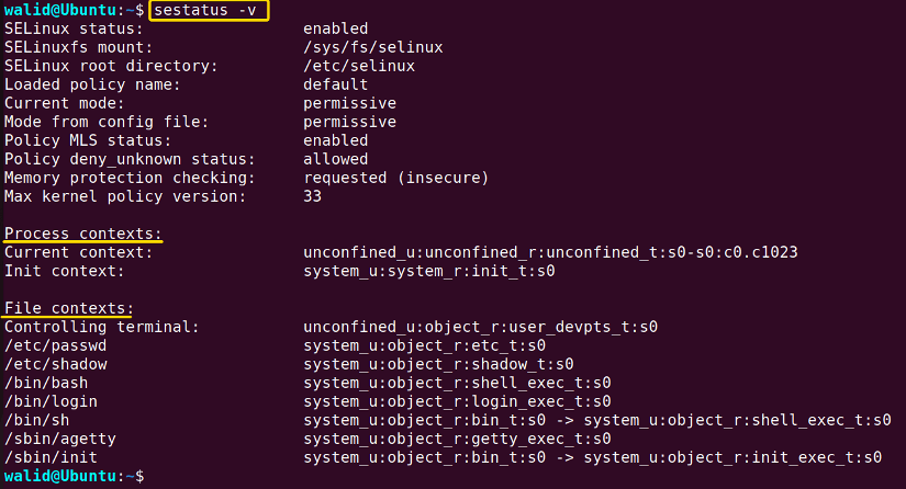 Verbose mode in the sestatus command in Linux